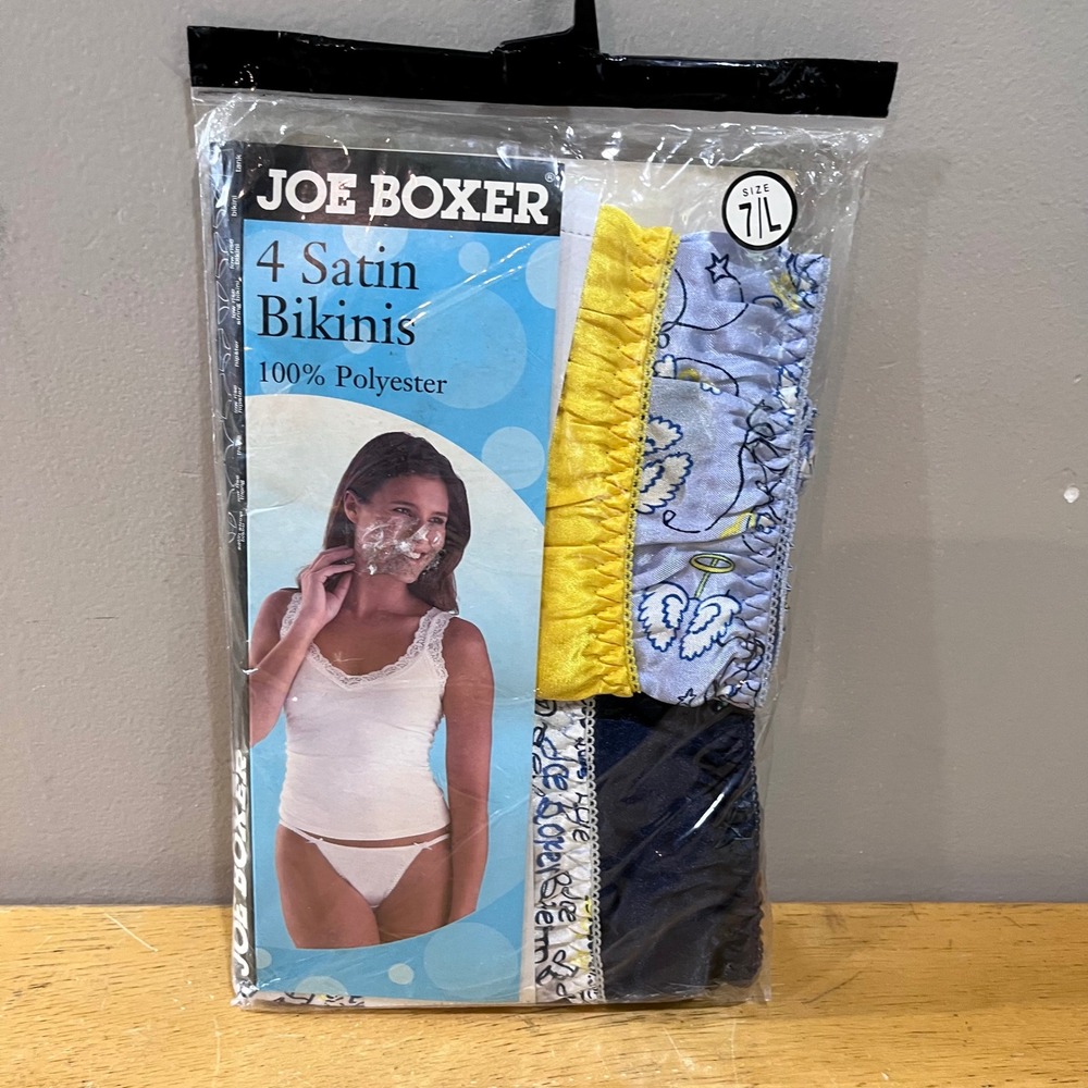 Vtg Joe Boxer 4 Pack Satin Bikinis Size 7 L Y2K Deadstock Angel Print NIP K5937
